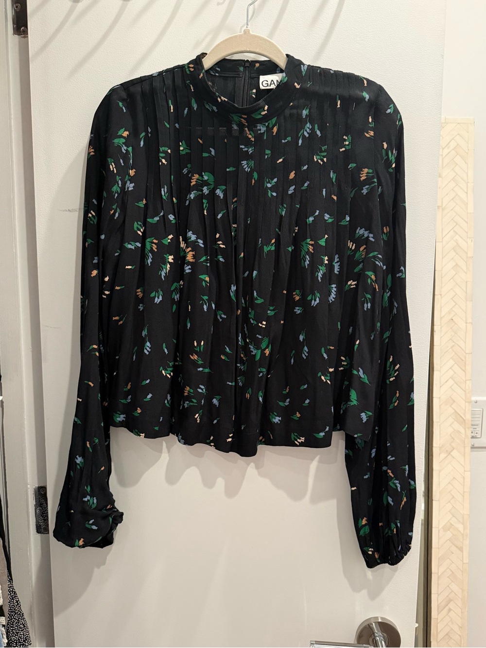 Ganni Long Sleeve Black Floral Pleated Blouse